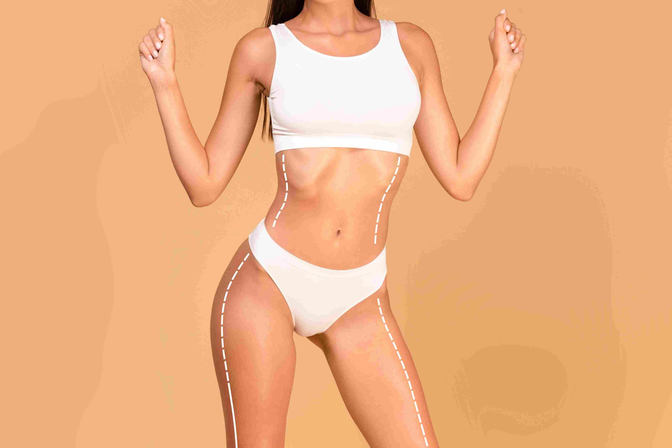 A Slim lady in front of pink background and white lines on her body | Avail Aesthetics in Cary, Raleigh & Wake Forest, NC